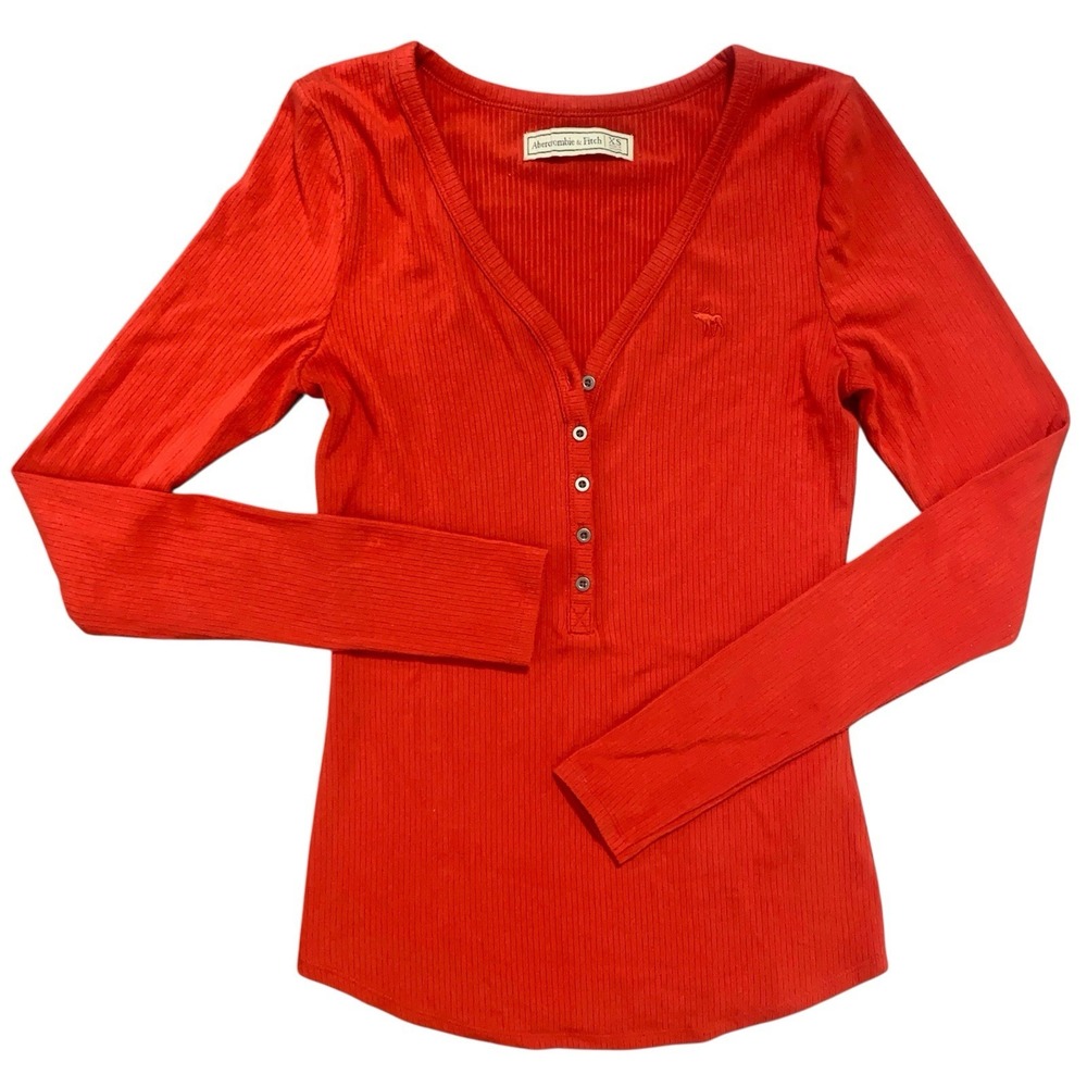 Abercrombie & Fitch Orange Red Ribbed Henley Long Sleeve Top XS Y2K Style NWOT